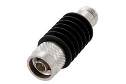 PE7015-40 - 40 dB Fixed Attenuator, N Male to N Female Black Anodized Aluminum Heatsink Body Rated to 10 Watts Up to 18 GHz