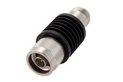 PE7015-6 - 6 dB Fixed Attenuator, N Male to N Female Black Anodized Aluminum Heatsink Body Rated to 10 Watts Up to 18 GHz