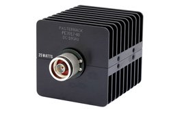 PE7017-40 - 40 dB Fixed Attenuator, N Male to N Female Black Anodized Aluminum Heatsink Body Rated to 25 Watts Up to 18 GHz