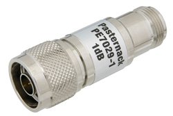 PE7029-1 - 1 dB Fixed Attenuator, 75 Ohm N Male to 75 Ohm N Female Brass Nickel Body Rated to 1 Watt Up to 1,000 MHz