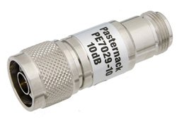 PE7029-10 - 10 dB Fixed Attenuator, 75 Ohm N Male to 75 Ohm N Female Brass Nickel Body Rated to 1 Watt Up to 1,000 MHz