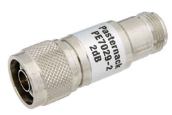 PE7029-2 - 2 dB Fixed Attenuator, 75 Ohm N Male to 75 Ohm N Female Brass Nickel Body Rated to 1 Watt Up to 1,000 MHz