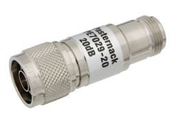 PE7029-20 - 20 dB Fixed Attenuator, 75 Ohm N Male to 75 Ohm N Female Brass Nickel Body Rated to 1 Watt Up to 1,000 MHz