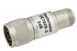PE7029-3 - 3 dB Fixed Attenuator, 75 Ohm N Male to 75 Ohm N Female Brass Nickel Body Rated to 1 Watt Up to 1,000 MHz