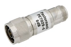 PE7029-6 - 6 dB Fixed Attenuator, 75 Ohm N Male to 75 Ohm N Female Brass Nickel Body Rated to 1 Watt Up to 1,000 MHz