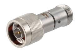 PE7044-20 - 20 dB Fixed Attenuator, 75 Ohm N Male to 75 Ohm N Female Brass Nickel Body Rated to 2 Watts Up to 4 GHz