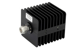 PE7054-40 - 40 dB Fixed Attenuator, TNC Male to TNC Female Black Anodized Aluminum Heatsink Body Rated to 25 Watts Up to 18 GHz