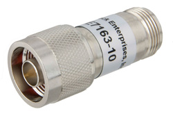 PE7163-10 - 10 dB Fixed Attenuator, N Male To N Female Brass Nickel Body Rated To 1 Watt Up To 2 GHz