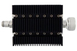 PE7202-20 - 20 dB Fixed Attenuator, N Female To 7/16 DIN Male Directional Black Anodized Aluminum Heatsink Body Rated To 100 Watts Up To 6 GHz
