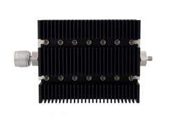 PE7225-10 - 10 dB Fixed Attenuator, N Male To SMA Female Directional Black Anodized Aluminum Heatsink Body Rated To 100 Watts Up To 6 GHz