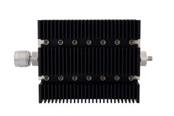 PE7225-20 - 20 dB Fixed Attenuator, N Male To SMA Female Directional Black Anodized Aluminum Heatsink Body Rated To 100 Watts Up To 6 GHz