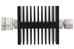 PE7316-20 - 20 dB Fixed Attenuator, 7/16 DIN Female To N Female Directional Black Anodized Aluminum Heatsink Body Rated To 50 Watts Up To 7.5 GHz