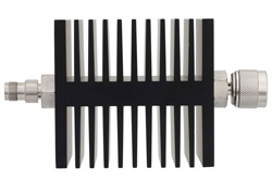 PE7319-10 - 10 dB Fixed Attenuator, TNC Female To N Male Directional Black Anodized Aluminum Heatsink Body Rated To 50 Watts Up To 18 GHz