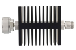 PE7320-30 - 30 dB Fixed Attenuator, TNC Female To N Female Directional Black Anodized Aluminum Heatsink Body Rated To 50 Watts Up To 18 GHz