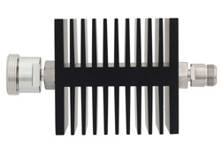 PE7321-20 - 20 dB Fixed Attenuator, 7/16 DIN Female To N Female Directional Black Anodized Aluminum Heatsink Body Rated To 50 Watts Up To 18 GHz
