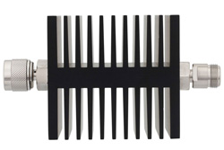 PE7322-10 - 10 dB Fixed Attenuator, N Male To N Female Directional Black Anodized Aluminum Heatsink Body Rated To 50 Watts Up To 18 GHz