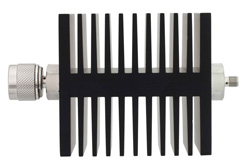 PE7334-20 - 20 dB Fixed Attenuator, N Male To SMA Female Directional Black Anodized Aluminum Heatsink Body Rated To 50 Watts Up To 18 GHz