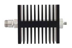 PE7335-10 - 10 dB Fixed Attenuator, N Female To SMA Female Directional Black Anodized Aluminum Heatsink Body Rated To 50 Watts Up To 18 GHz