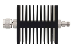 PE7346-30 - 30 dB Fixed Attenuator, N Male To TNC Female Directional Black Anodized Aluminum Heatsink Body Rated To 50 Watts Up To 18 GHz
