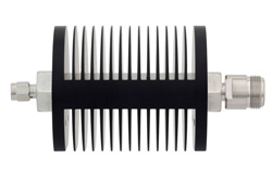 PE7356-10 - 10 dB Fixed Attenuator, SMA Male to N Female Black Anodized Aluminum Heatsink Body Rated to 25 Watts Up to 18 GHz