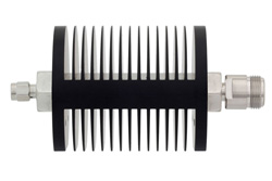 PE7356-50 - 50 dB Fixed Attenuator, SMA Male to N Female Black Anodized Aluminum Heatsink Body Rated to 25 Watts Up to 8 GHz