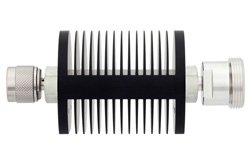 PE7366-40 - 40 dB Fixed Attenuator, N Male to 7/16 DIN Female Black Anodized Aluminum Heatsink Body Rated to 25 Watts Up to 7.5 GHz