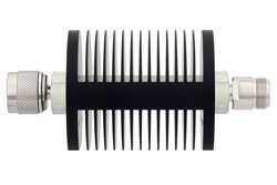 PE7367-30 - 30 dB Fixed Attenuator, N Male to N Female Black Anodized Aluminum Heatsink Body Rated to 25 Watts Up to 18 GHz