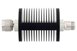 PE7367-40 - 40 dB Fixed Attenuator, N Male to N Female Black Anodized Aluminum Heatsink Body Rated to 25 Watts Up to 18 GHz