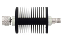 PE7368-40 - 40 dB Fixed Attenuator, N Male to TNC Female Black Anodized Aluminum Heatsink Body Rated to 25 Watts Up to 18 GHz