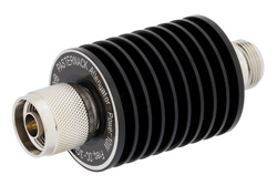 PE7386-15 - 15 dB Fixed Attenuator, N Male to N Female Black Anodized Aluminum Heatsink Body Rated to 10 Watts Up to 3 GHz