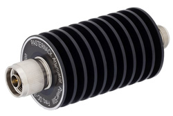 PE7388-20 - 20 dB Fixed Attenuator, N Male to N Female Unidirectional Black Anodized Aluminum Heatsink Body Rated to 50 Watts Up to 3 GHz