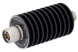 PE7388-30 - 30 dB Fixed Attenuator, N Male to N Female Unidirectional Black Anodized Aluminum Heatsink Body Rated to 50 Watts Up to 3 GHz