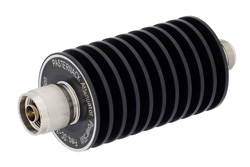 PE7389-6 - 6 dB Fixed Attenuator, N Male to N Female Black Anodized Aluminum Heatsink Body Rated to 50 Watts Up to 3 GHz
