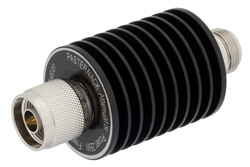 3 dB Fixed Attenuator, N Male To N Female Aluminum Heatsink Black Anodized Body Rated To 25 Watts Up To 4 GHz