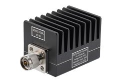 PE7394-40 - 40 dB Fixed Attenuator, N Male to N Female Black Anodized Aluminum Heatsink Body Rated to 50 Watts Up to 4 GHz