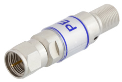 PE7396-1 - 1 dB Fixed Attenuator, 75 Ohm F Male to 75 Ohm F Female Brass Tri-Metal Body Rated to 2 Watts Up to 3 GHz