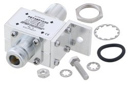 PE73SP1030 - Type N F/F In/Out Bulkhead Coax RF Surge Protector, 1.5MHz - 700MHz, DC Block, 3kW, 20uJ, 20kA, Blocking Cap and Gas Tube