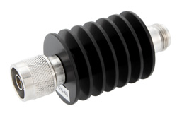 PE7426-40 - 40 dB Fixed Attenuator, N Male to N Female Black Anodized Aluminum Heatsink Body Rated to 25 Watts Up to 18 GHz