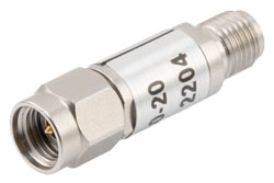 PE7430-20 - 20 dB Fixed Attenuator, 2.92mm Male to 2.92mm Female Passivated Stainless Steel Body Rated to 2 Watts Up to 40 GHz