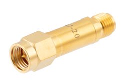 PE7447-20 - 20dB DC Bias Attenuator, SMA Male to SMA Female Brass Tri-Metal Body Rated to 2 Watts from 100MHz to 3 GHz