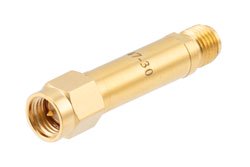 PE7447-30 - 30dB DC Bias Attenuator, SMA Male to SMA Female Brass Tri-Metal Body Rated to 2 Watts from 100MHz to 3 GHz