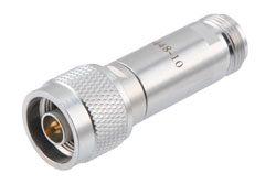 PE7448-10 - 10dB DC Bias Attenuator, N Male to N Female Brass Tri-Metal Body Rated to 2 Watts from 100MHz to 3 GHz