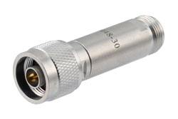 PE7448-30 - 30dB DC Bias Attenuator, N Male to N Female Brass Tri-Metal Body Rated to 2 Watts from 100MHz to 3 GHz