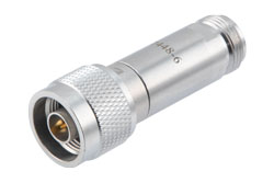 PE7448-6 - 6dB DC Bias Attenuator, N Male to N Female Brass Tri-Metal Body Rated to 2 Watts from 100MHz to 3 GHz