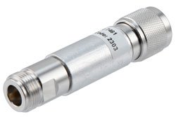 PE7461-3 - 3 dB Fixed Attenuator, N Male to N Female Brass Nickel Body Rated to 5 Watts Up to 12.4 GHz