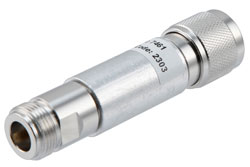 PE7461-6 - 6 dB Fixed Attenuator, N Male to N Female Brass Nickel Body Rated to 5 Watts Up to 12.4 GHz