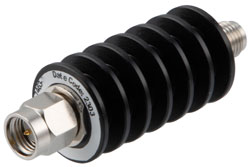 PE7463-30 - 30 dB Fixed Attenuator, SMA Male to SMA Female Unidirectional Black Anodized Aluminum Body Rated to 10 Watts Up to 12.4 GHz