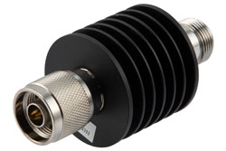 PE7464-3 - 3 dB Fixed Attenuator, N Male to N Female Black Anodized Aluminum Body Rated to 10 Watts Up to 12.4 GHz