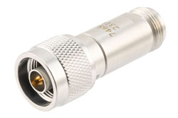PE7468-30 - 30 dB Fixed Attenuator, N Male to N Female Brass Body Rated to 2 Watts, DC to 12 GHz