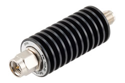 PE7486-20 - 20 dB Fixed Attenuator, SMA Male to SMA Female Black Anodized Aluminum Body Rated to 20 Watts Up to 26.5 GHz